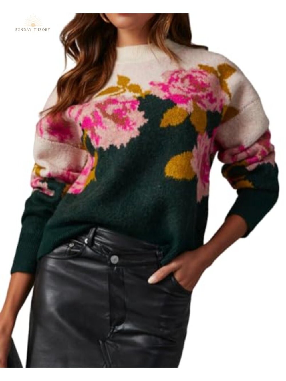 EZAPINE Women's Flower Sweater Crew Neck Casual Long Sleeve Pullover Knit Top